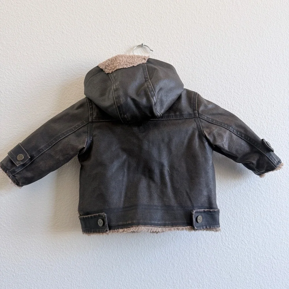Hawke & Co Kids Brown Faux Leather Sherpa Lined Aviator Hooded Jacket 12M